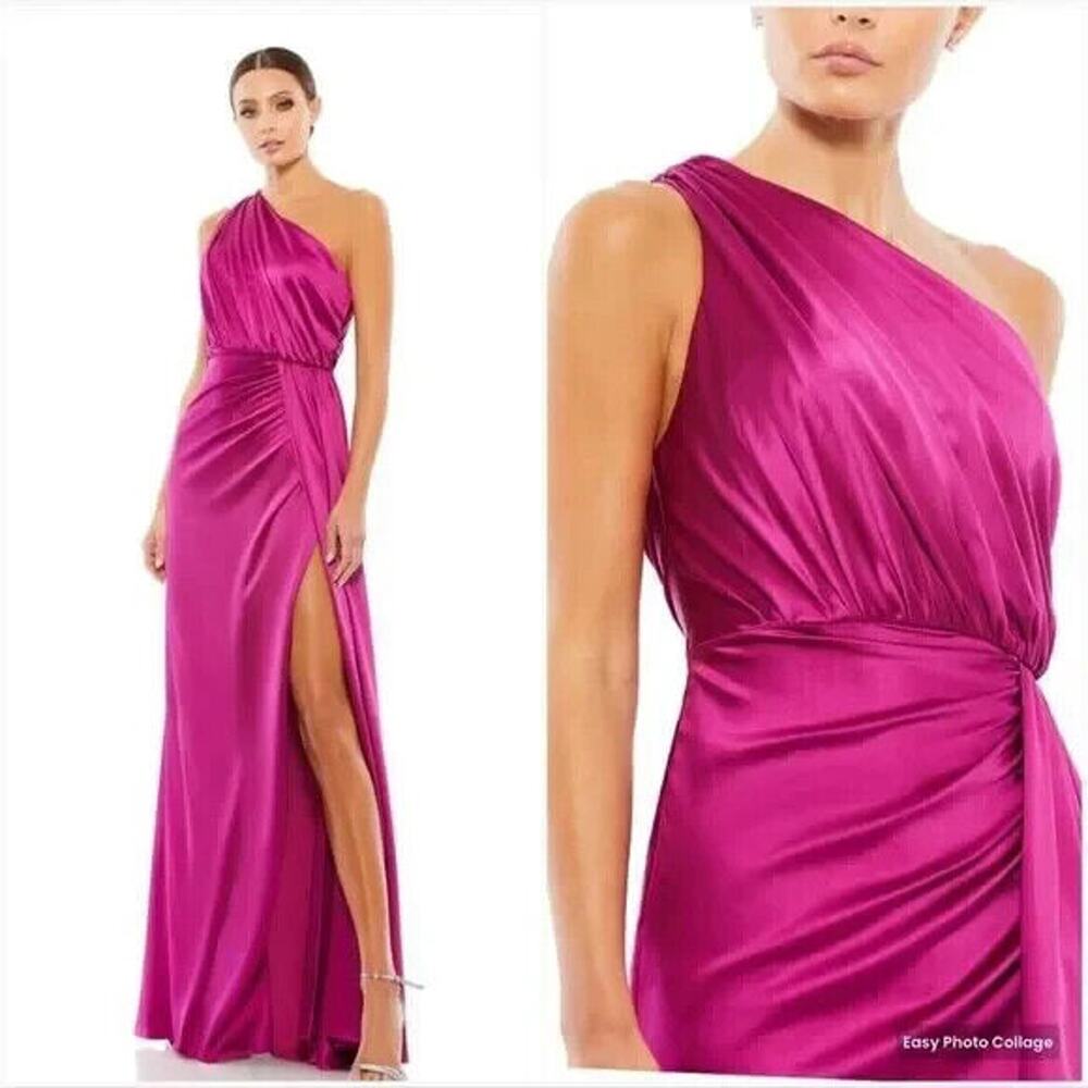Mac Duggal Gown Dress SZ 2 Pink Gathered One Shoulder‎ Satin Faux Wrap 26654